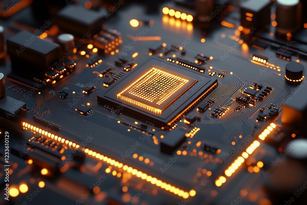 Poster Modern Microprocessor with Illuminated Circuit Patterns for High-Tech Computing : Generative AI
