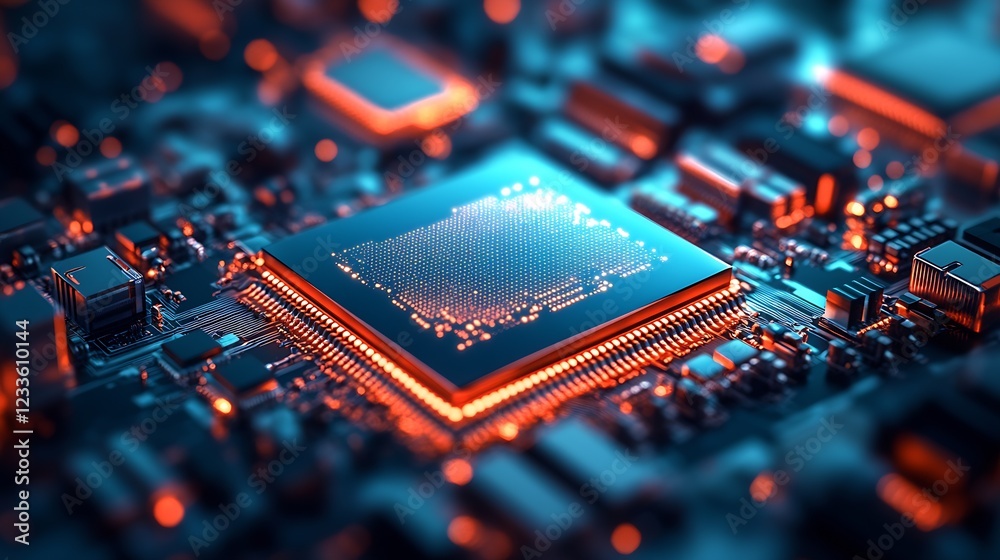 Aufkleber innovative blue circuitry on microchip reflecting digital age advancements : generative ai