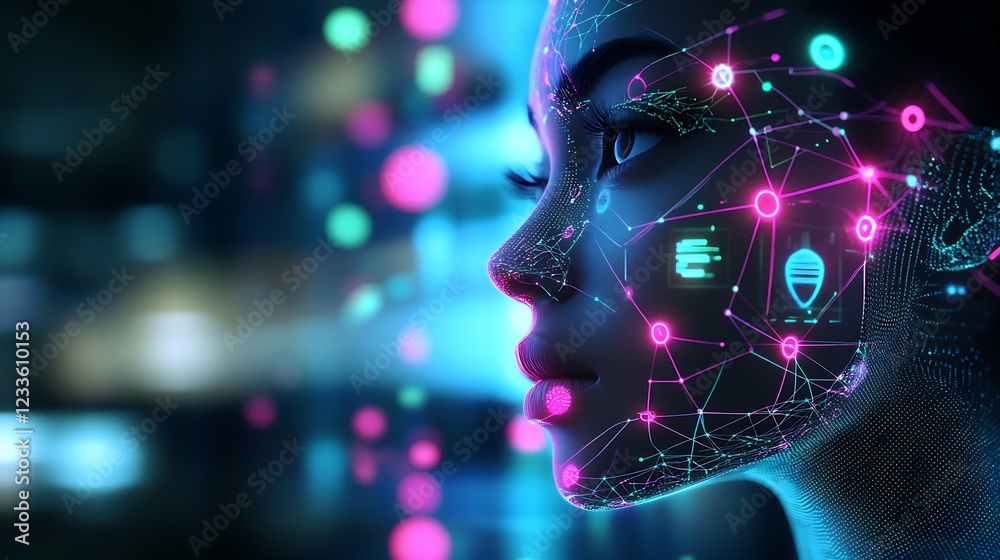 Fototapete neon digital portrait with technology integration and artificial intelligence : generative ai