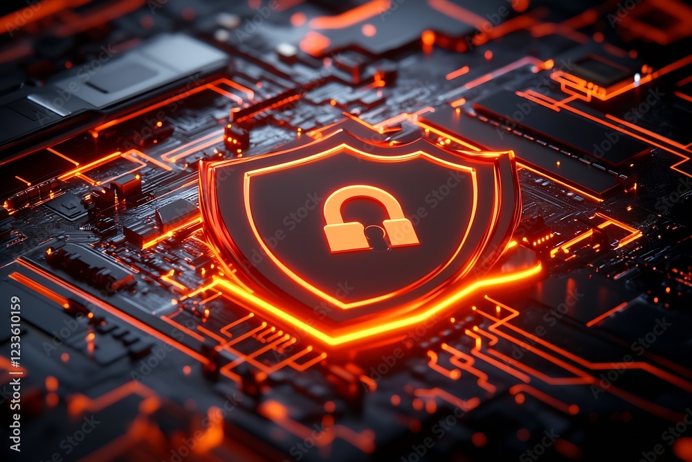 Poster High-Tech Cybersecurity with Open Lock Shield and Integrated Circuitry : Generative AI