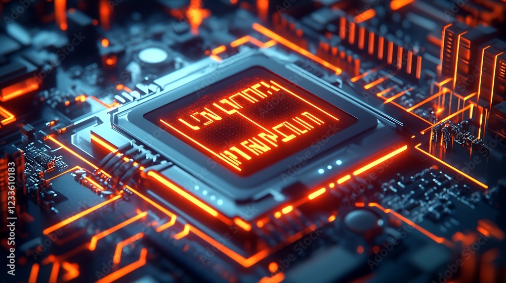 Poster Digital Era Representation with a Glowing High-Tech Microchip on a Circuit Board : Generative AI
