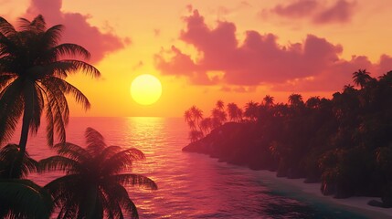 A serene tropical sunset over calm waters, framed by palm trees and lush greenery.