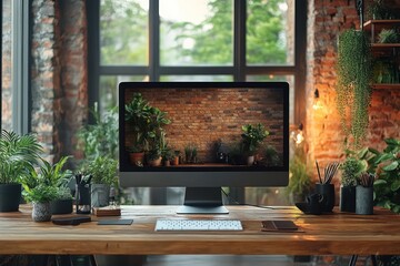 Cozy Home Office with Plants and Brick Wall on Desktop