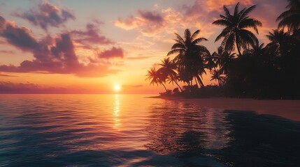 A serene sunset over a tranquil beach with palm trees reflecting on the water.