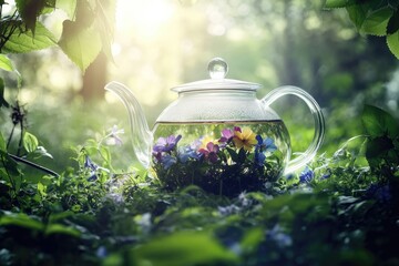Glass Teapot with Wildflowers in a Sunlit Forest Clearing, Capturing Nature's Beauty.