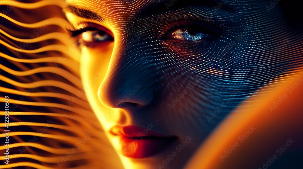 Poster closeup of woman's face with ultra fine textural light patterns abstract : generative ai