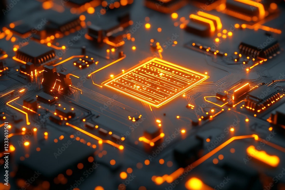 Poster Detailed view of an illuminated electronic circuit board with central microchip : Generative AI