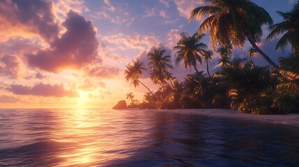 A serene beach scene at sunset, with palm trees and calm ocean waves.