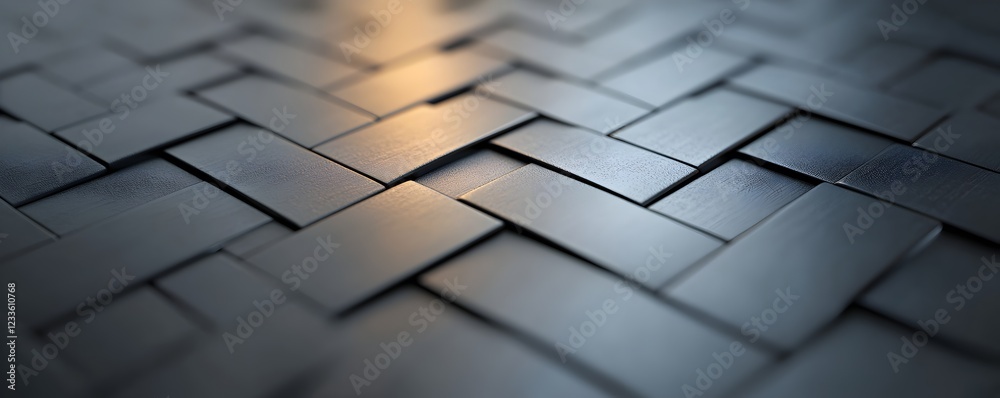 Poster geometric 3d tiles: a mesmerizing pattern of interlocked, dark gray rectangular prisms, creating a c