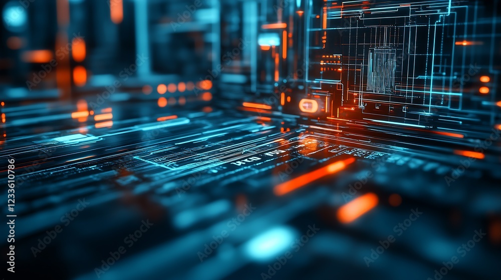 Aufkleber High-Tech Circuit Board Pattern Illuminated in Vibrant Blue and Orange Neon Lights : Generative AI