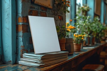 Obraz premium Blank Canvas Mockup in Rustic Interior with Blooming Flowers