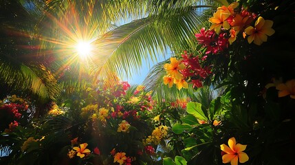 A vibrant tropical scene with colorful flowers and sunlight filtering through palm leaves.