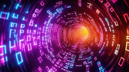 Fototapeta premium Digital Vortex: A captivating abstract design of swirling, glowing neon lines and digits forming a tunnel, suggesting a journey into the heart of the digital world.