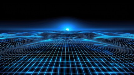 Obraz premium Cybernetic Landscape: A mesmerizing digital landscape unfolds, a gridded expanse stretching towards a brilliant blue light source on the horizon.