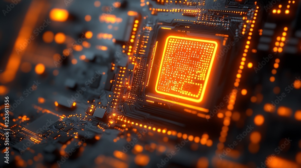 Leinwandbilder high-tech microchip with glowing circuitry and bright orange lights on motherboard : generative ai