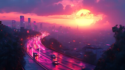 City highway sunset, neon lights, rain, futuristic cityscape, travel