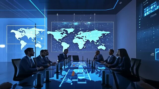 Business meeting in a modern conference room with global data visualization and discussion