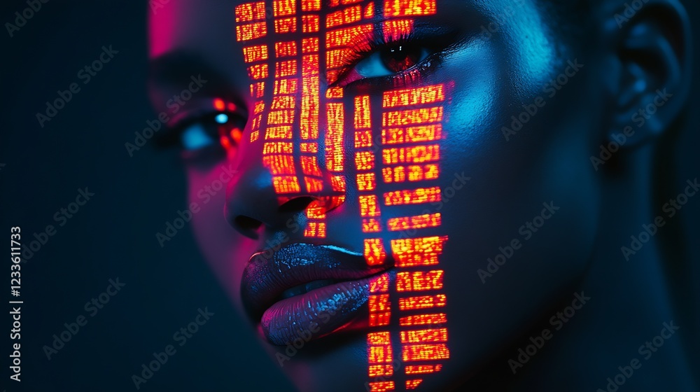 Poster Red and Blue Digital Face Illumination Art with High-Tech Visual Effects : Generative AI