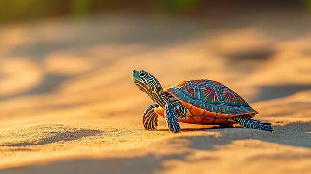 Small Painted Turtle in Golden Sand with Sunlit Background : Generative AI
