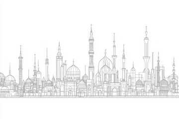 Fototapeta premium Detailed Outline of Mosque Skyline on Plain White Background