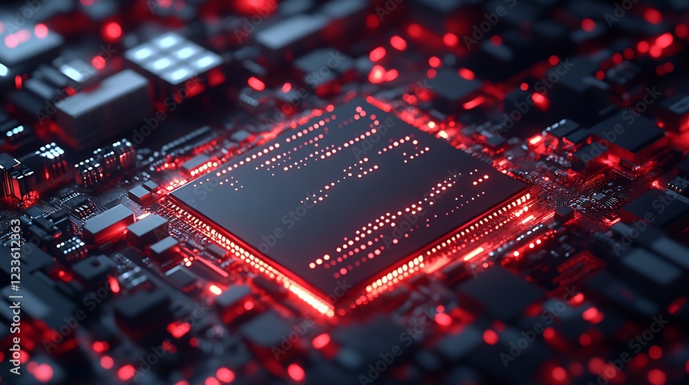 Aufkleber Advanced Technology Circuit Board Featuring Glowing Red Microchip : Generative AI