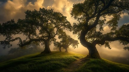 A serene landscape featuring twisted trees and mist, illuminated by soft, golden light.