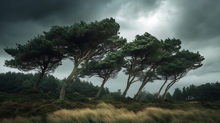 A dramatic landscape featuring windswept trees against a moody sky.