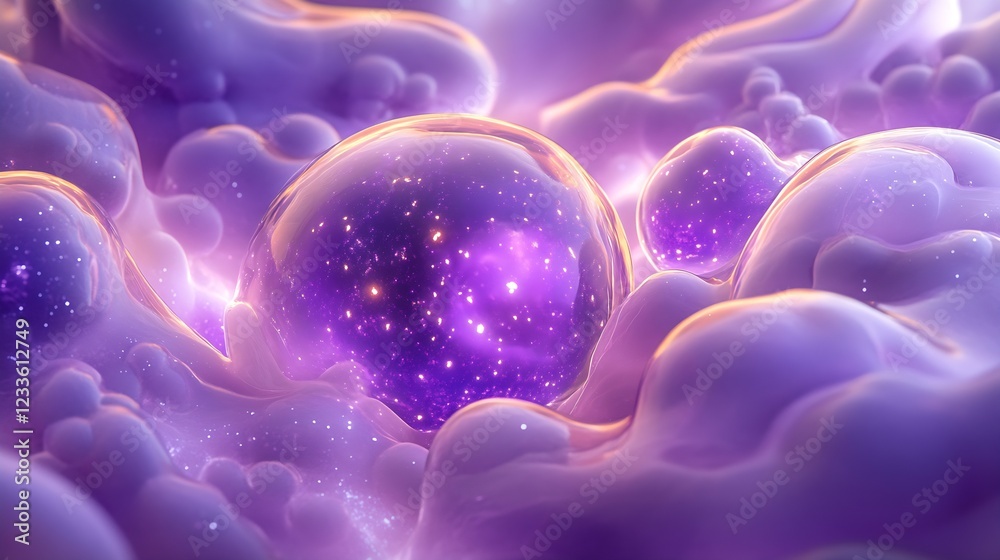 Aufkleber Abstract Digital Art with Shimmering Purple and Gold Spheres in a Celestial Cloudscape : Generative AI