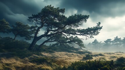 A dramatic landscape featuring a solitary tree amidst a moody, atmospheric environment.