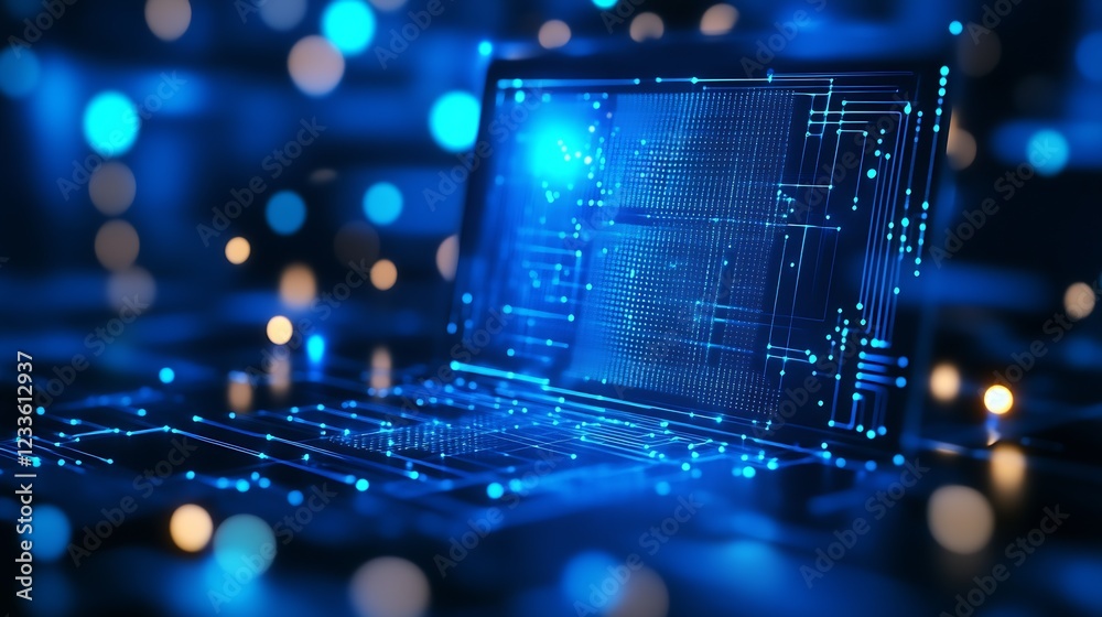 Aufkleber Digital Laptop with Futuristic Circuitry and Data Streams : Generative AI