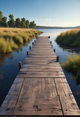 Fototapeta premium Scenic wooden walkway along the riverbank under a clear blue sky, waterfront, nature