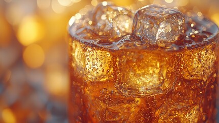 Iced cola drink, close-up, bokeh background, refreshment