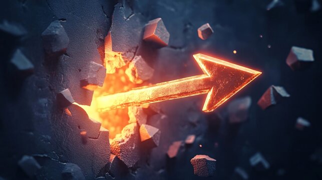 glowing abstract arrow forcefully breaking through barriers, symbolizing determination, success, and overcoming business challenges with copy space