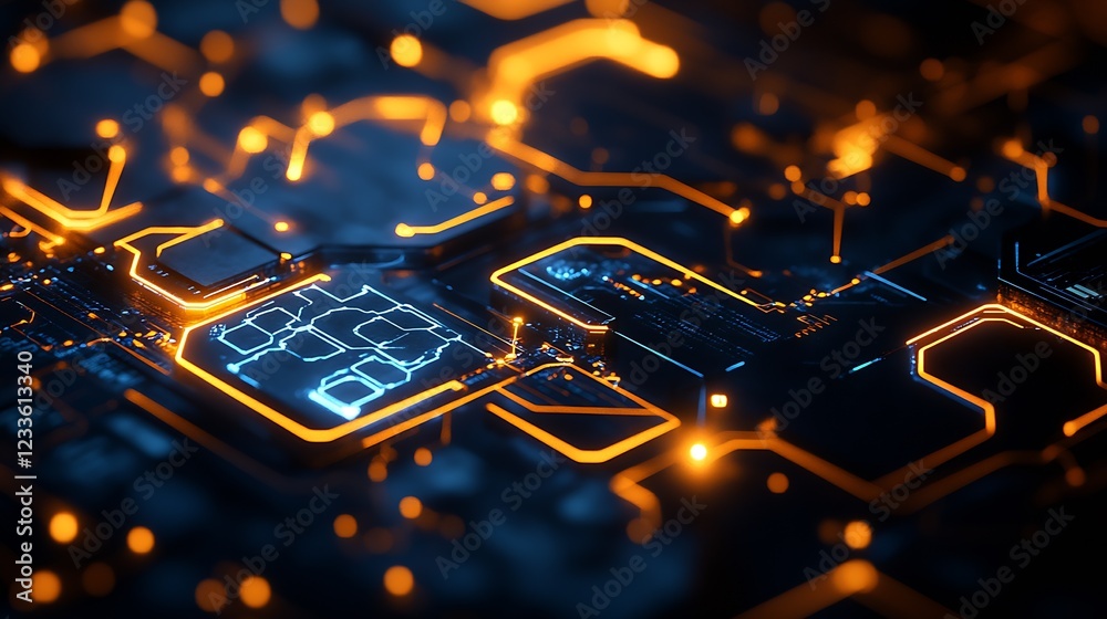 Leinwandbilder high-tech electronic circuit design with glowing orange outlines and dark background : generative ai