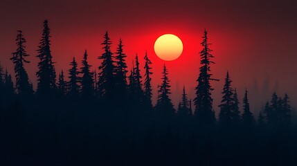 A serene sunset behind dark silhouettes of pine trees, creating a tranquil atmosphere.