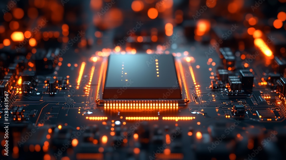 Poster Futuristic computer microchip circuit board with glowing orange elements : Generative AI