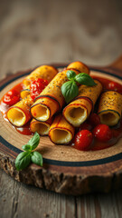 Rolled zucchini strips stuffed with melty cheese and served with tangy marinara sauce, tangy marinara sauce, rolled, accompaniment, melty cheese, filling