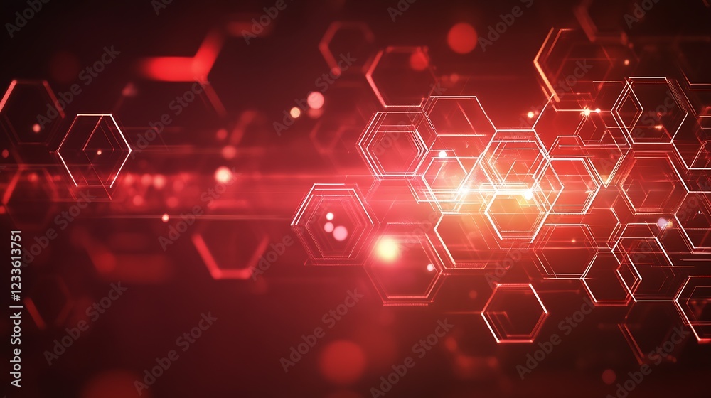 Poster Abstract Red and Black Hexagonal Pattern with Glowing Digital Light Effects : Generative AI