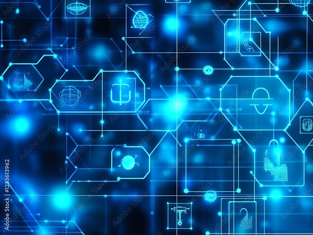 Poster high-tech cyber digital interface with futuristic holographic blue technology icons : generative ai