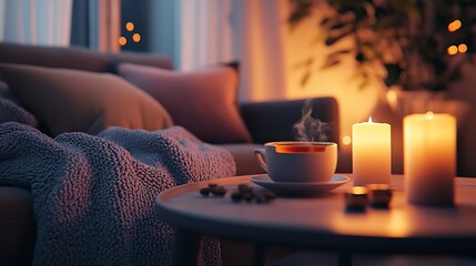 Relaxing Home Atmosphere with Candles Warm Tea and Plush Blankets : Generative AI