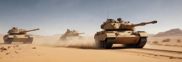 Realistic illustration of tanks advancing in the desert, background, illustration, white