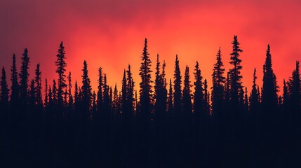A silhouette of pine trees against a vibrant sunset sky.