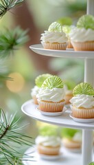 Delicious cupcakes with lime decorations on a tiered cake stand. Perfect for a party or celebration!