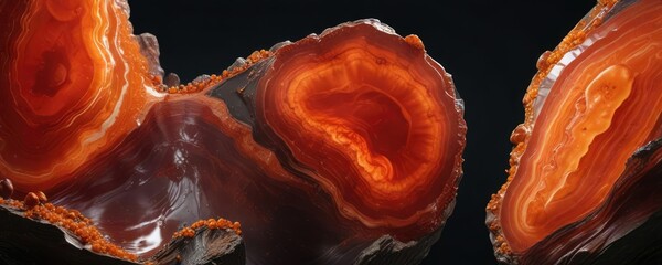 Fototapeta premium Polished Carnelian red agate geological formation on dark background panorama , closeup, agate, nature