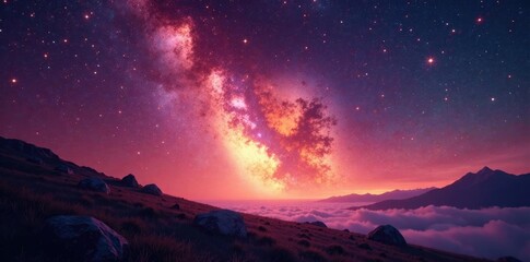 Pink gold starlight in a vast yellow sky with stars, mysterious, night
