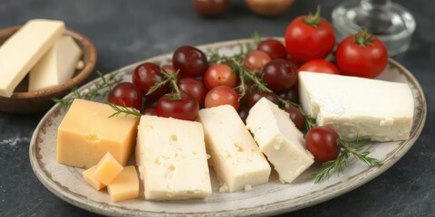 Plate of fresh cheese including cheddar and Roquefort, culinary, appetizer, gastronomy