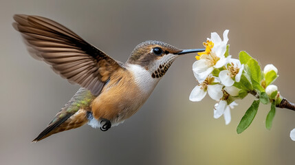 Fototapeta premium baby hummingbird sipping nectar from tiny flower, showcasing nature beauty
