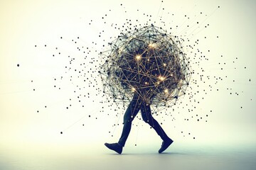 Fototapeta premium Man carries data sphere, walking, digital network, light background, concept illustration
