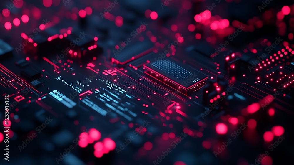 Poster Advanced Electronic Circuit Board with Red Lights and Innovative Digital Features : Generative AI