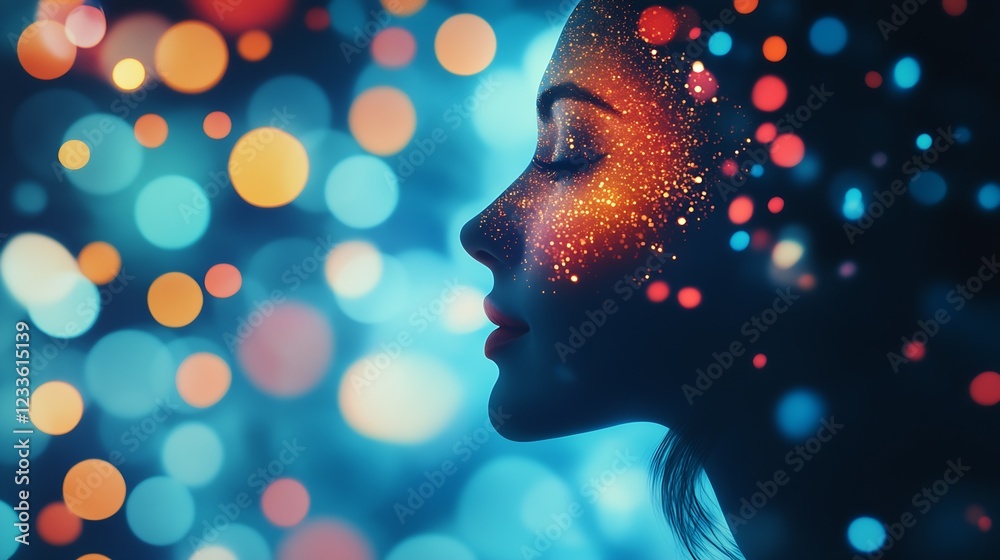 Aufkleber female silhouette sparkling with cosmos lights in a vibrant bokeh background : generative ai